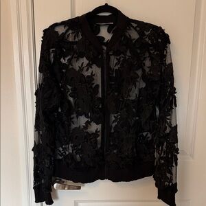 T Tahari Black Floral Appliqué Mesh Bomber Jacket